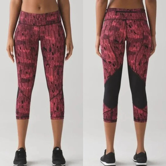 Lululemon Pace Rival Crop Leggings Down Pour Electric Coral Black 27027 - Picture 1 of 7